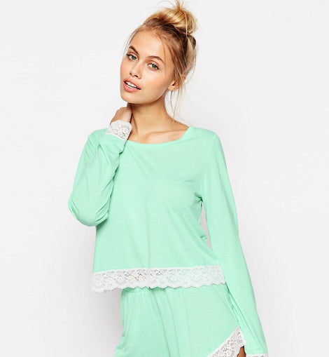 Lace Trim Long Sleeve Tee & Short Pyjama Set